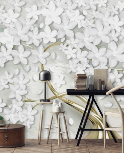 white flowers on gold tree trunk wallpaper