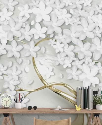 witte bloemen op gouden boomstam behang