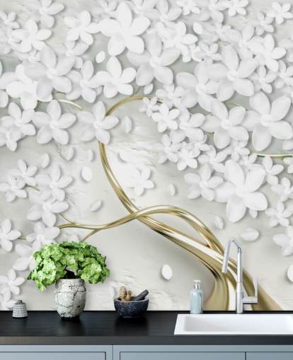 hvite blomster på gull trestamme tapet