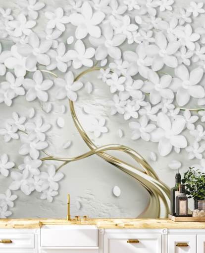 flores brancas no papel de parede de tronco de árvore dourada