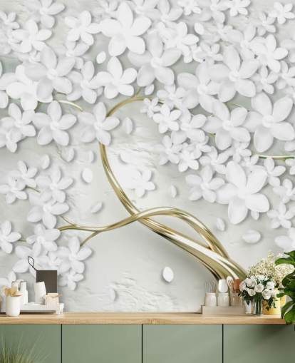 fondo de pantalla de flores blancas en tronco de árbol dorado