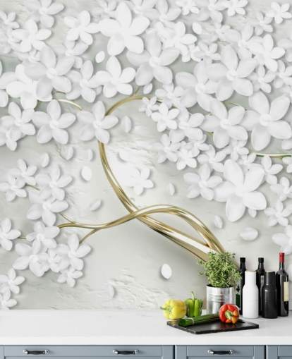 fiori bianchi su carta da parati tronco d'albero oro