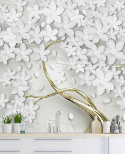 flores brancas no papel de parede de tronco de árvore dourada flores brancas no papel de parede de tronco de árvore dourada