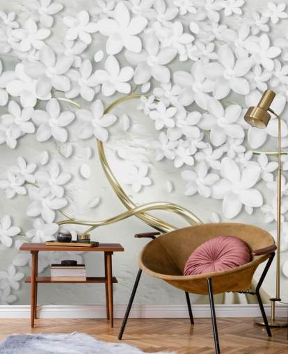 fondo de pantalla de flores blancas en tronco de árbol dorado