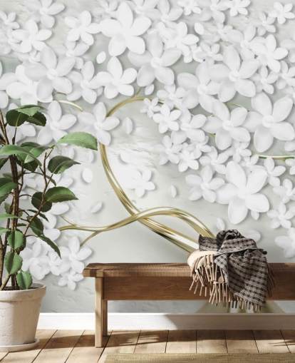 hvite blomster på gull trestamme tapet hvite blomster på gull trestamme tapet