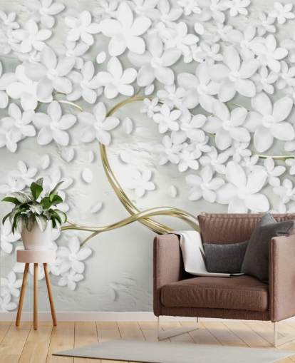 papier peint fleurs blanches sur le tronc d'arbre d'or