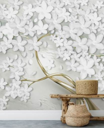 white flowers on gold tree trunk wallpaper