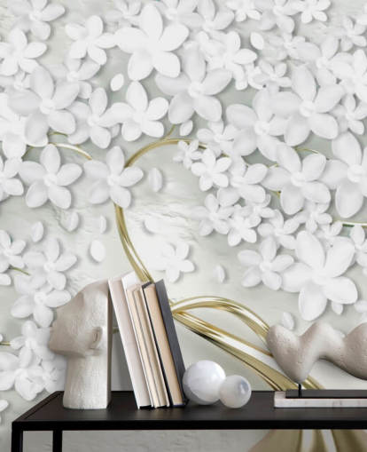 fondo de pantalla de flores blancas en tronco de árbol dorado