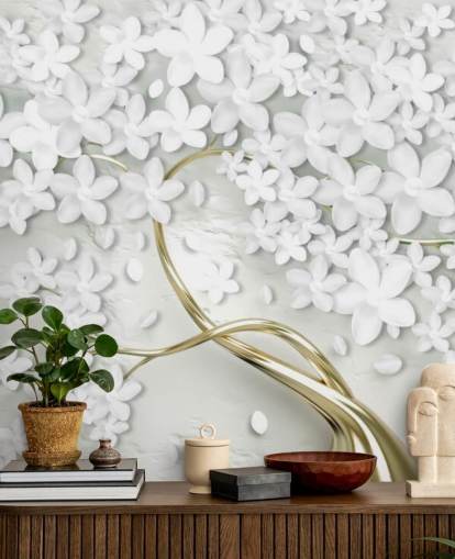 hvite blomster på gull trestamme tapet