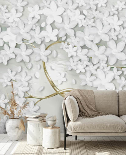 witte bloemen op gouden boomstam behang