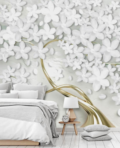 fondo de pantalla de flores blancas en tronco de árbol dorado