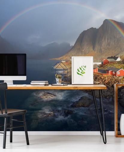 kreisförmiger Regenbogen über Häusern und Berglandschaft Tapete kreisförmiger Regenbogen über Häusern und Berglandschaft Tapete