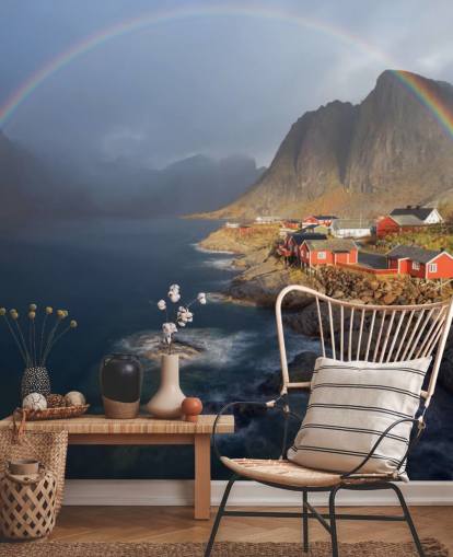 circular rainbow over houses and mountain landscape wallpaper