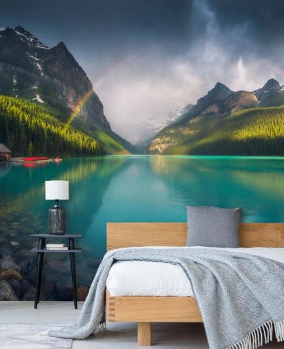 rainbow over blue lake and mountains wallpaper