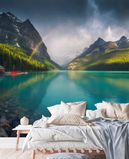 rainbow over blue lake and mountains wallpaper