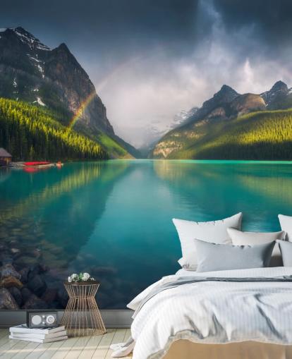 rainbow over blue lake and mountains wallpaper