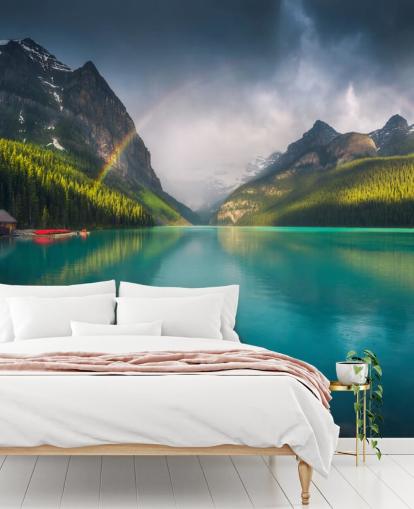 papel de parede arco-íris sobre o lago azul e montanhas