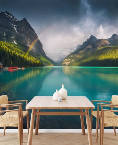 papel de parede arco-íris sobre o lago azul e montanhas