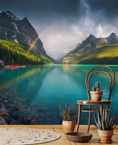 rainbow over blue lake and mountains wallpaper
