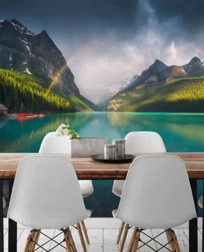 arco iris sobre fondo de pantalla azul lago y montañas