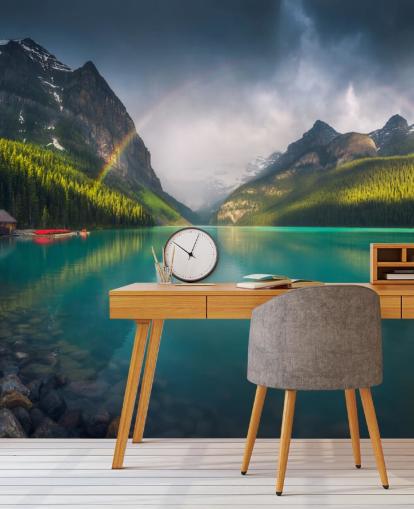 papel de parede arco-íris sobre o lago azul e montanhas