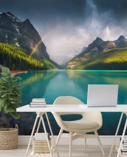 rainbow over blue lake and mountains wallpaper