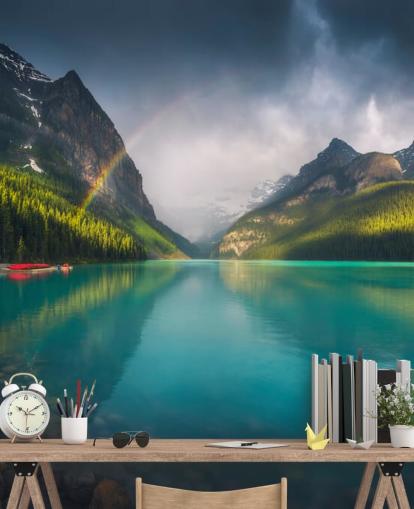 rainbow over blue lake and mountains wallpaper