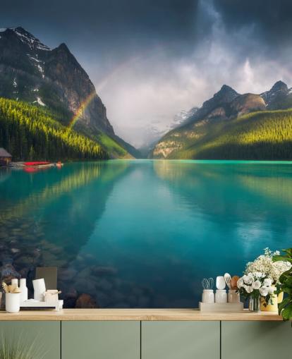 papel de parede arco-íris sobre o lago azul e montanhas papel de parede arco-íris sobre o lago azul e montanhas