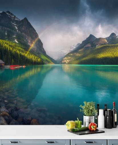 rainbow over blue lake and mountains wallpaper