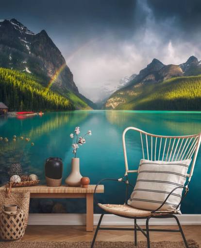 papel de parede arco-íris sobre o lago azul e montanhas