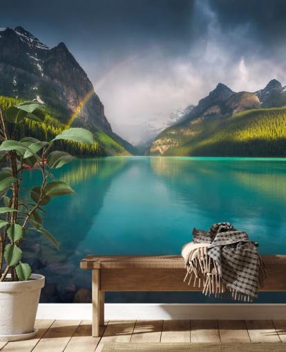 rainbow over blue lake and mountains wallpaper