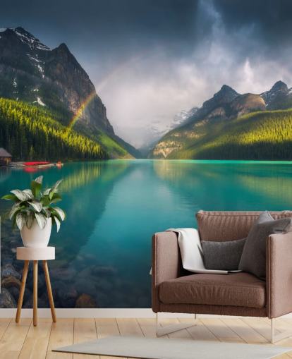 papel de parede arco-íris sobre o lago azul e montanhas