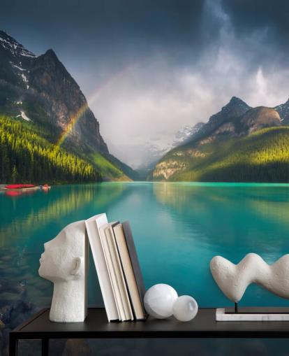 rainbow over blue lake and mountains wallpaper