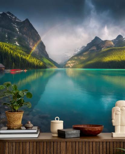 rainbow over blue lake and mountains wallpaper
