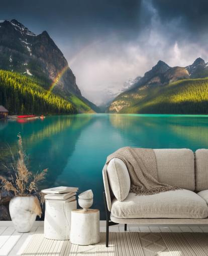 rainbow over blue lake and mountains wallpaper
