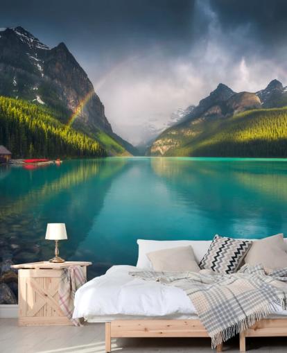 rainbow over blue lake and mountains wallpaper