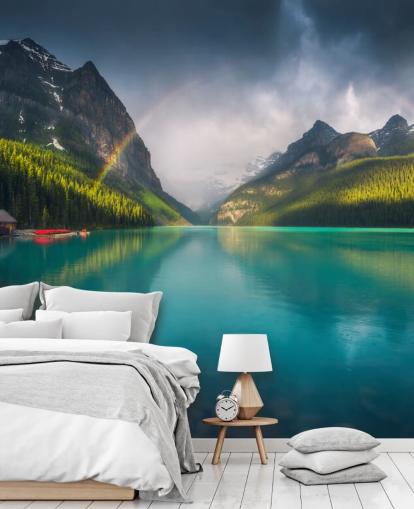 rainbow over blue lake and mountains wallpaper