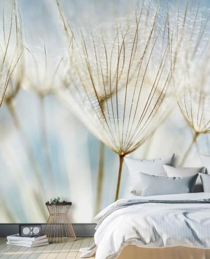 mural de papel pintado de diente de león blanco llamado Abstract Dandelion para salones, cocinas y baños