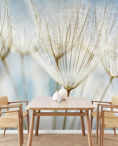 mural de papel pintado de diente de león blanco llamado Abstract Dandelion para salones, cocinas y baños