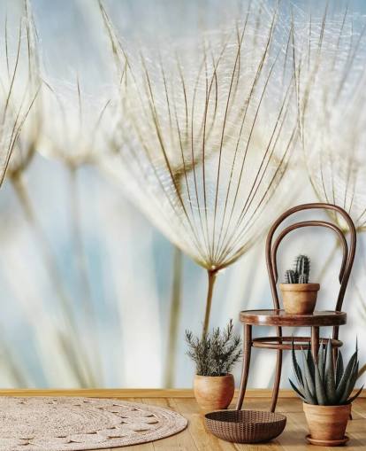 mural de papel pintado de diente de león blanco llamado Abstract Dandelion para salones, cocinas y baños