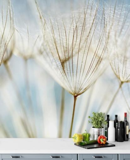 valkoinen voikukka-taustakuvamaalaus nimeltä Abstract Dandelion oleskelutiloihin, keittiöihin ja kylpyhuoneisiin