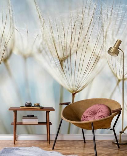 witte paardenbloem muurschildering genaamd Abstract Dandelion voor lounges, keukens en badkamers