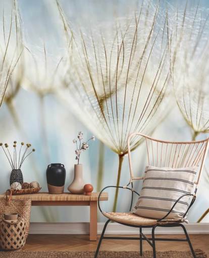 witte paardenbloem muurschildering genaamd Abstract Dandelion voor lounges, keukens en badkamers