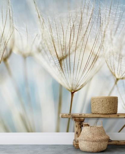 white dandelion wallpaper mural called Abstract Dandelion for lounges, kitchens and bathrooms