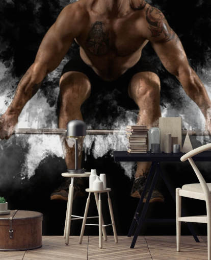 Hombre entrenamiento con barra en el gimnasio fondo de pantalla