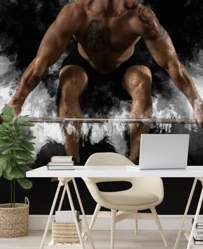 Hombre entrenamiento con barra en el gimnasio fondo de pantalla