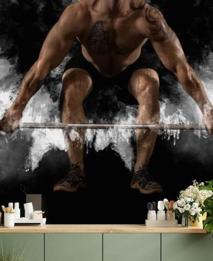 Hombre entrenamiento con barra en el gimnasio fondo de pantalla