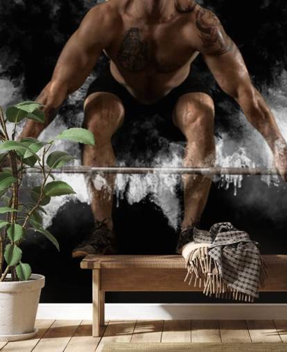 Hombre entrenamiento con barra en el gimnasio fondo de pantalla