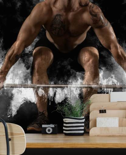 Mann trening med vektstang på treningsstudio tapet Mann trening med vektstang på treningsstudio tapet