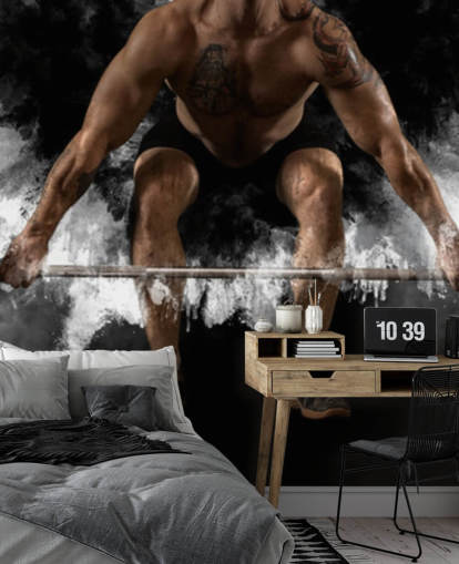 Hombre entrenamiento con barra en el gimnasio fondo de pantalla